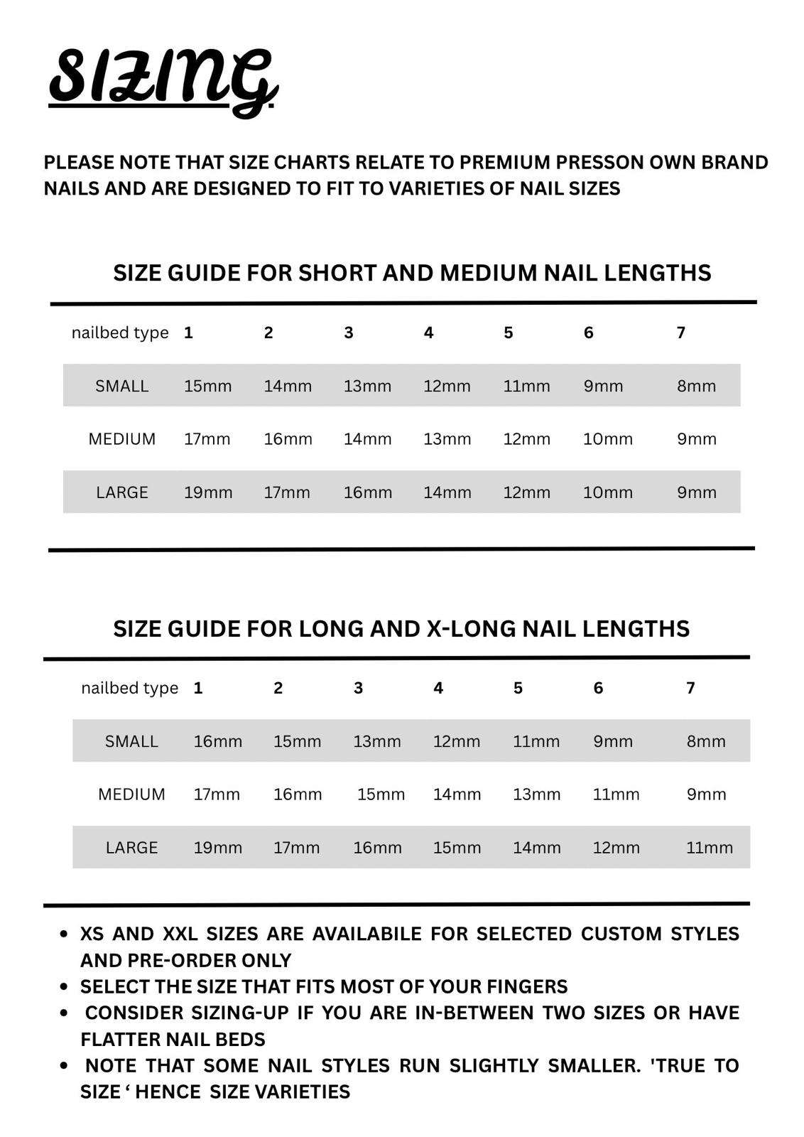 Nails sizing