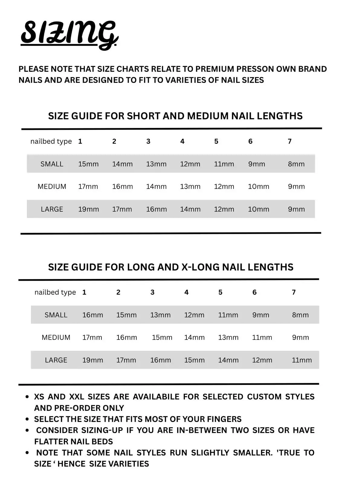 Nails sizing